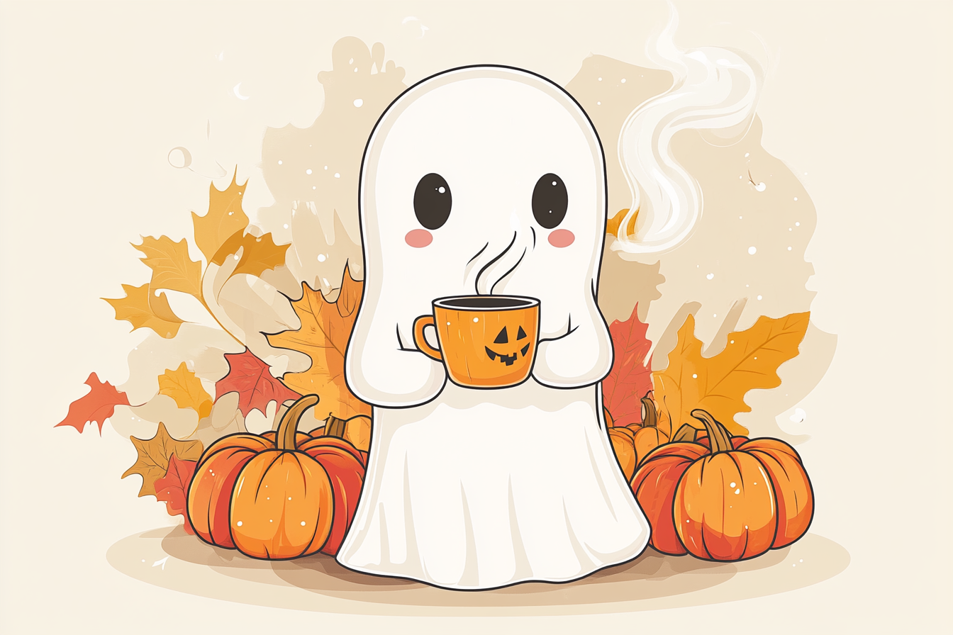 Cute whimsical fall ghost with coffee cup