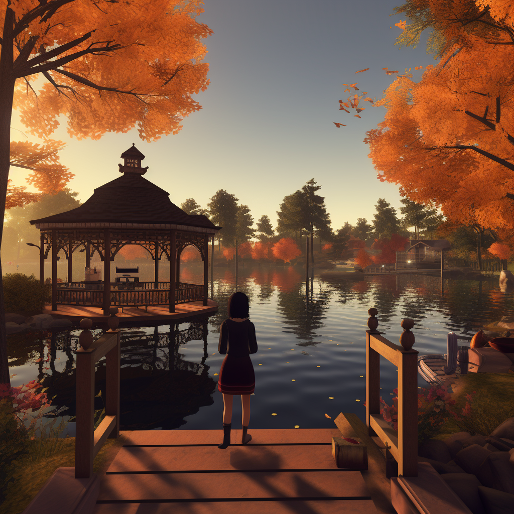 Young woman in gazebo with toy boat