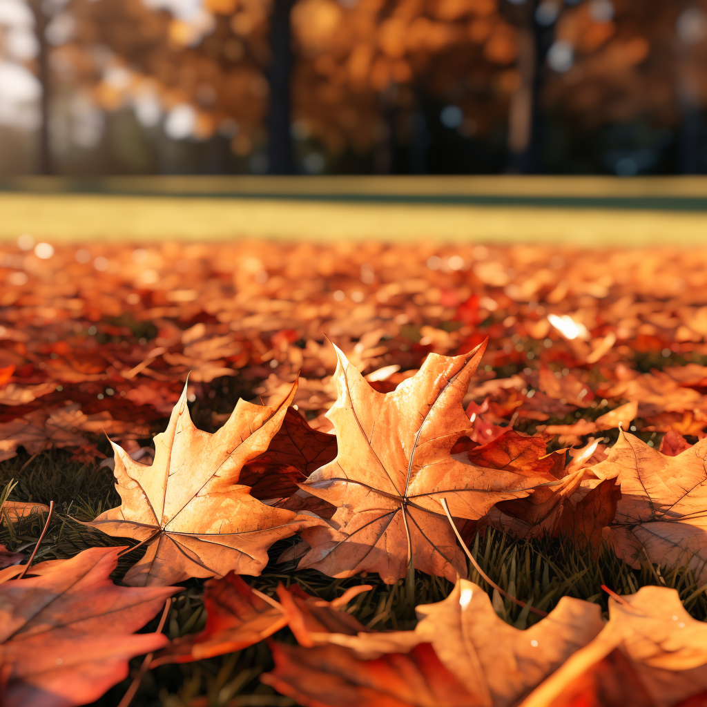 Autumn leaves on New England front lawn