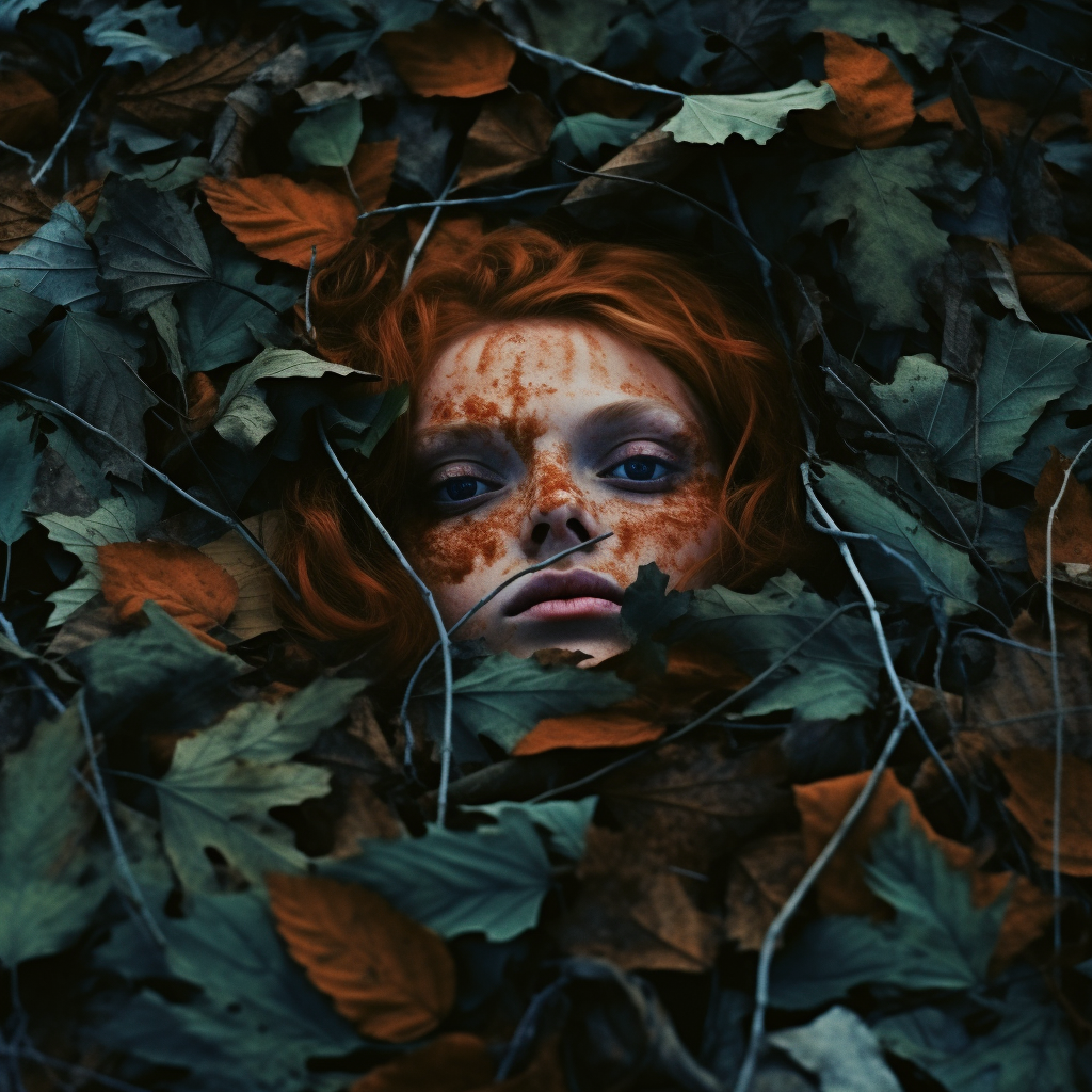 Person hidden under fall leaves