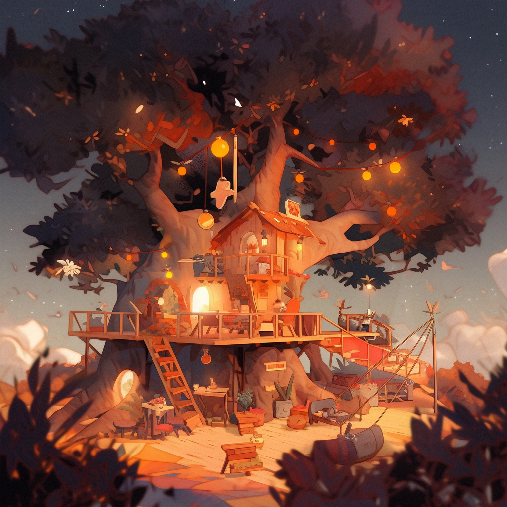 Cozy fall treehouse with warm autumn colors