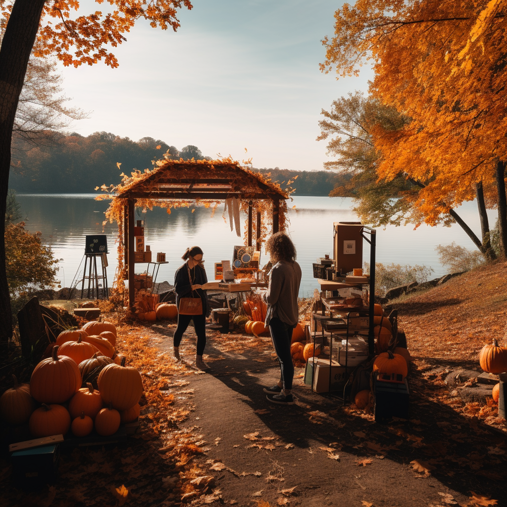 Woman controlling remote control boat at fall festival