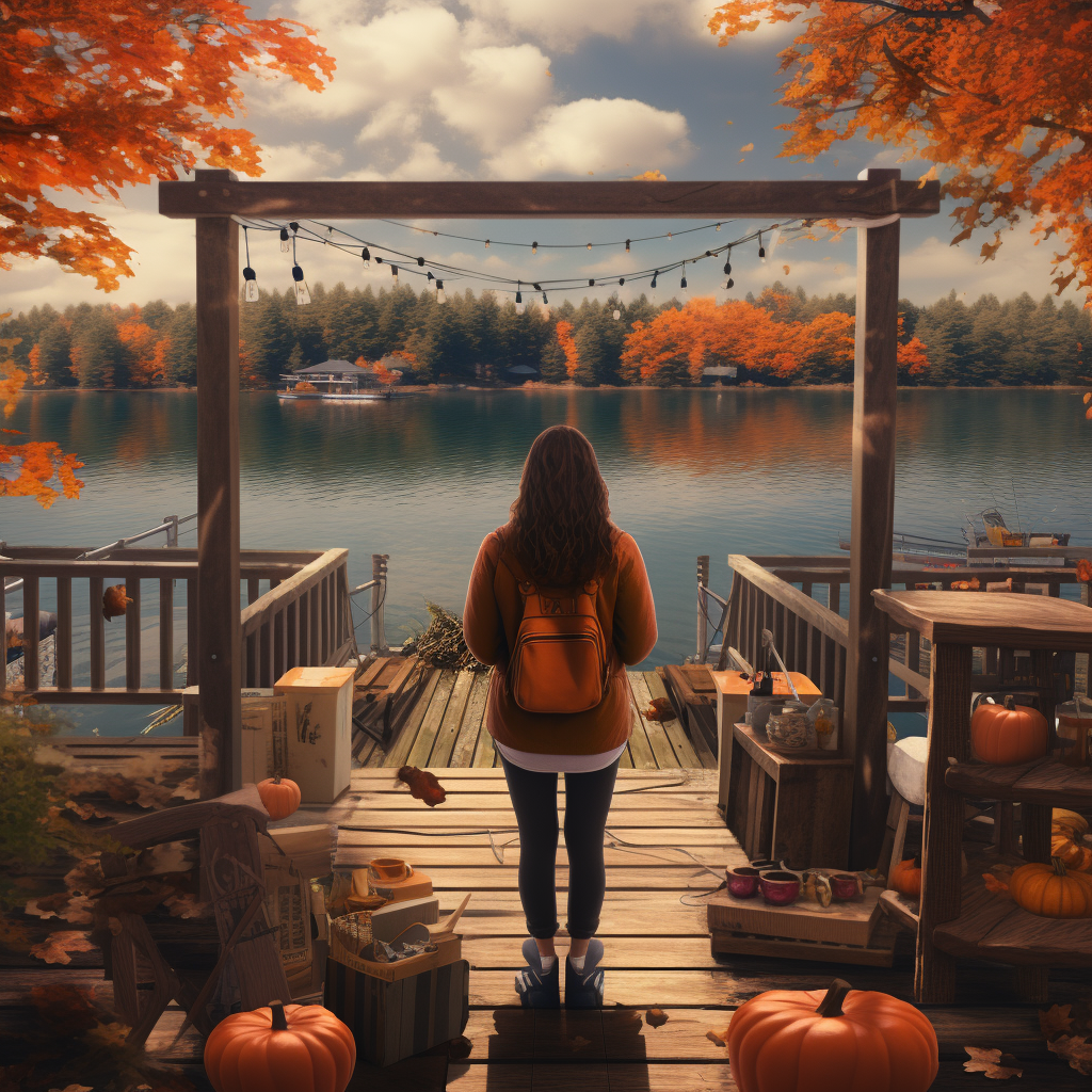 Young woman enjoying fall festival with remote control boat