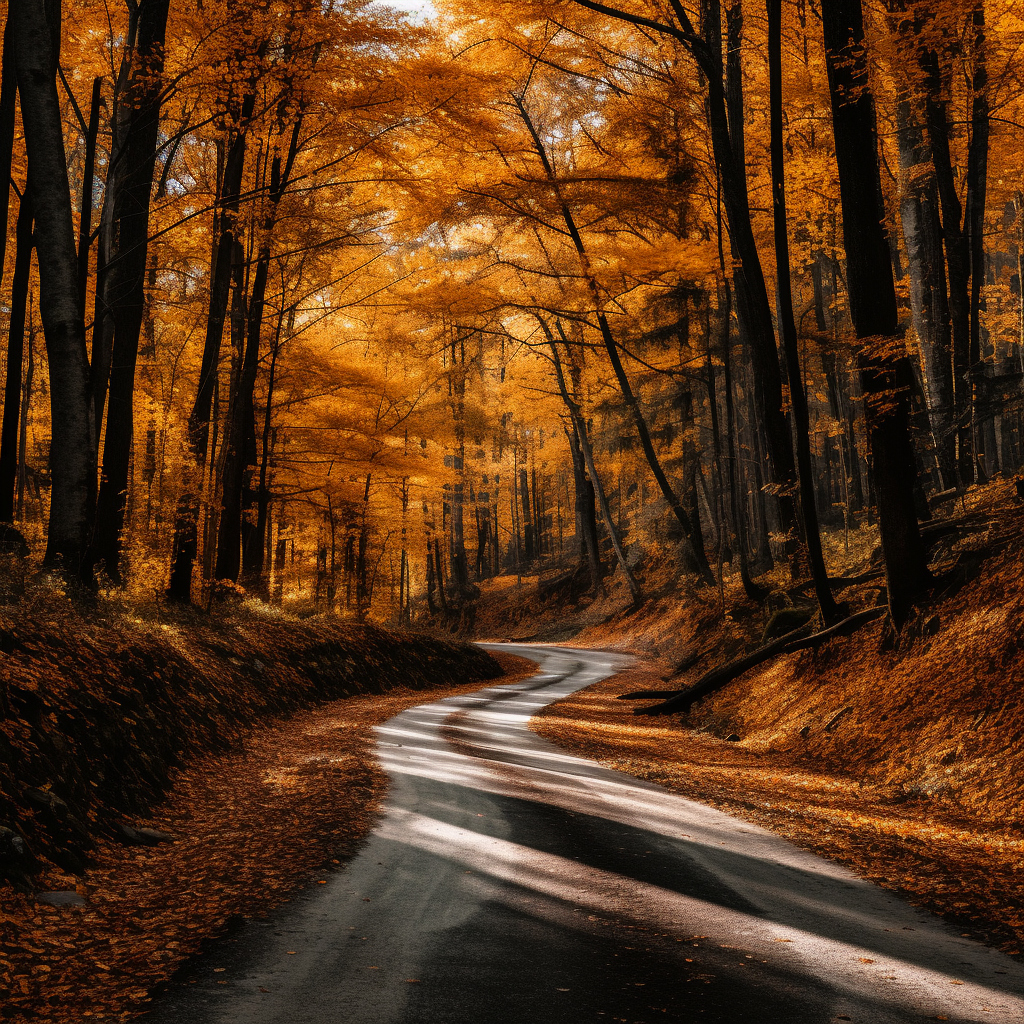 Scenic fall forest road with colorful trees