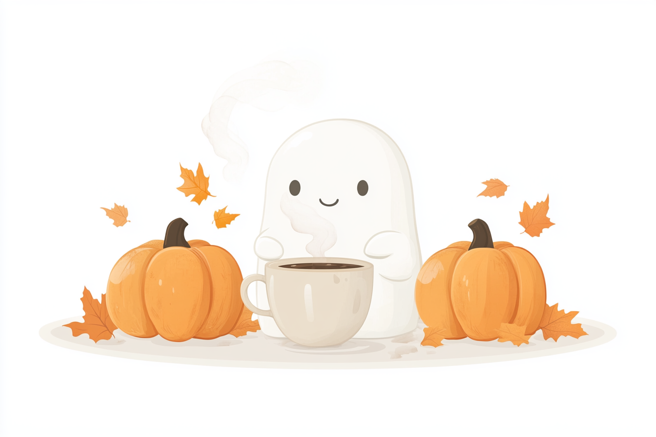 Fall ghost with coffee and pumpkins