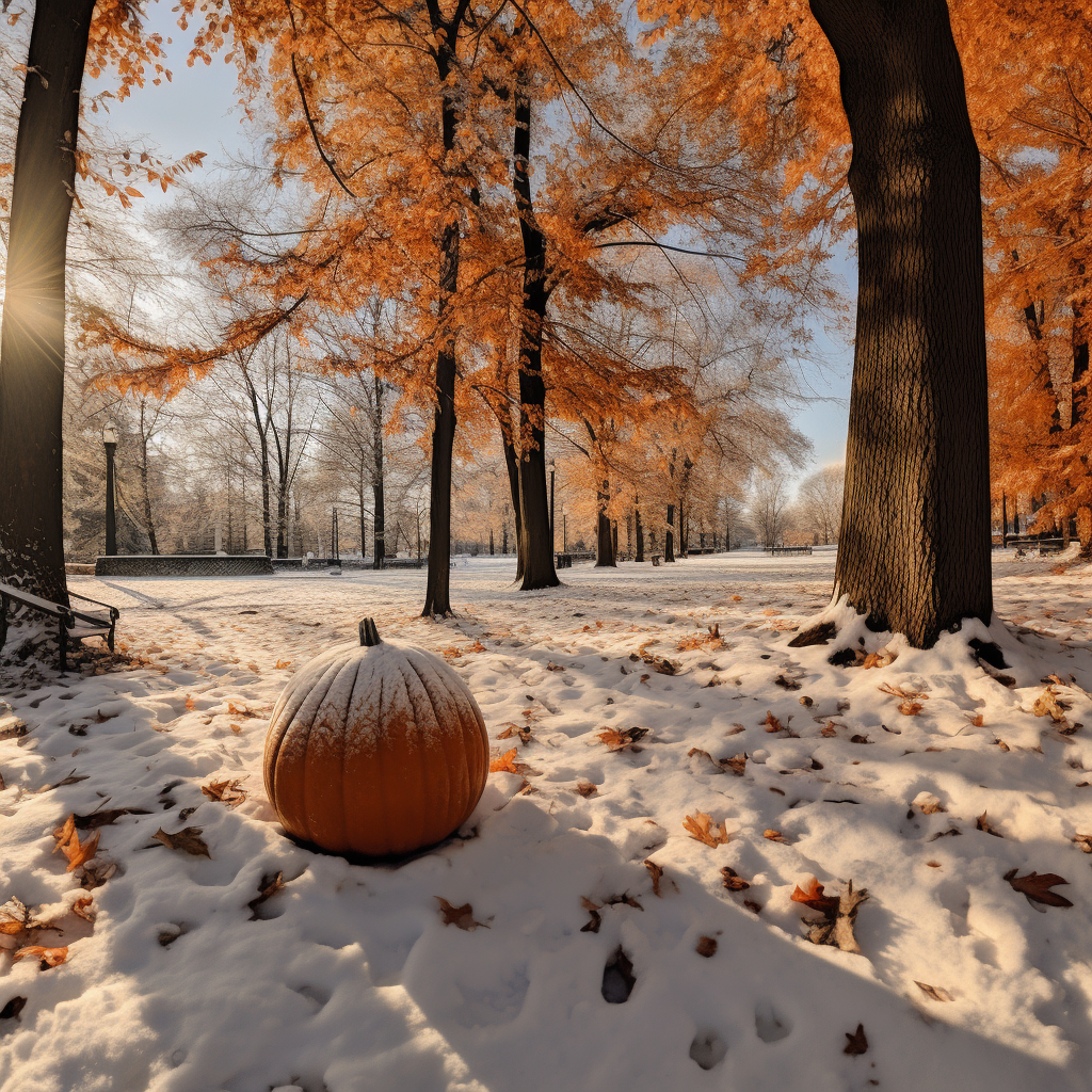 Fall park with leaves and large pumpkin