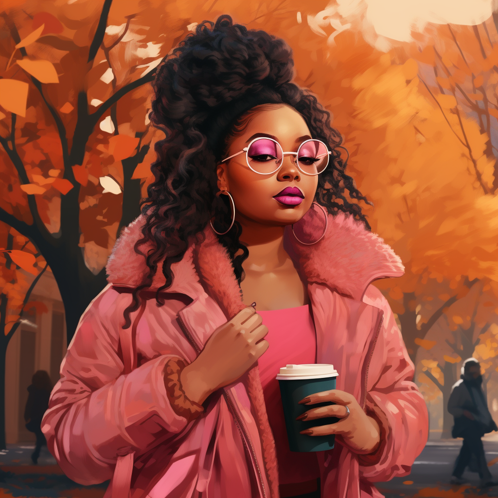 Plus Size Melanin Queen with Coffee in Fall Park