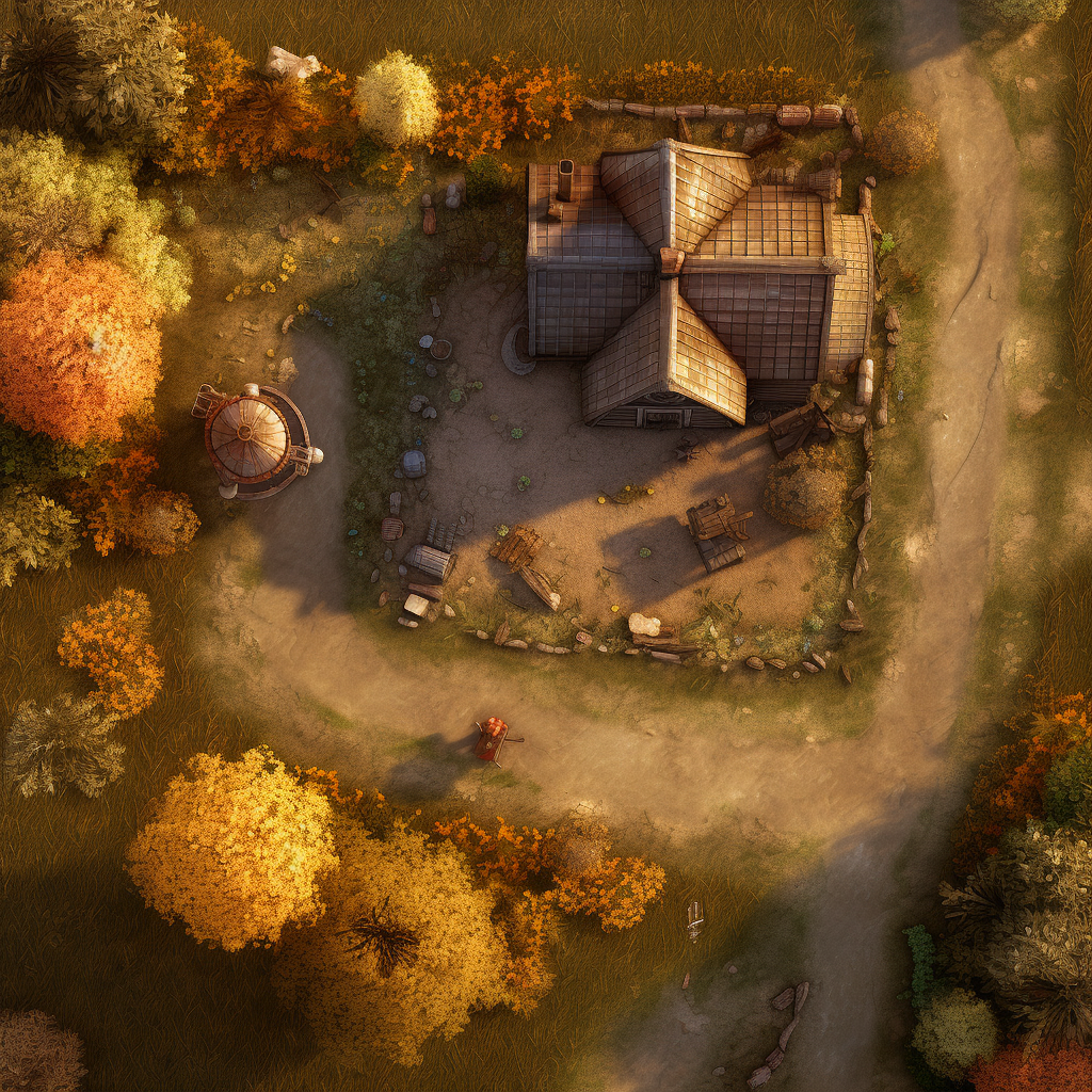 Top view of a fall RPG map with a poor farm