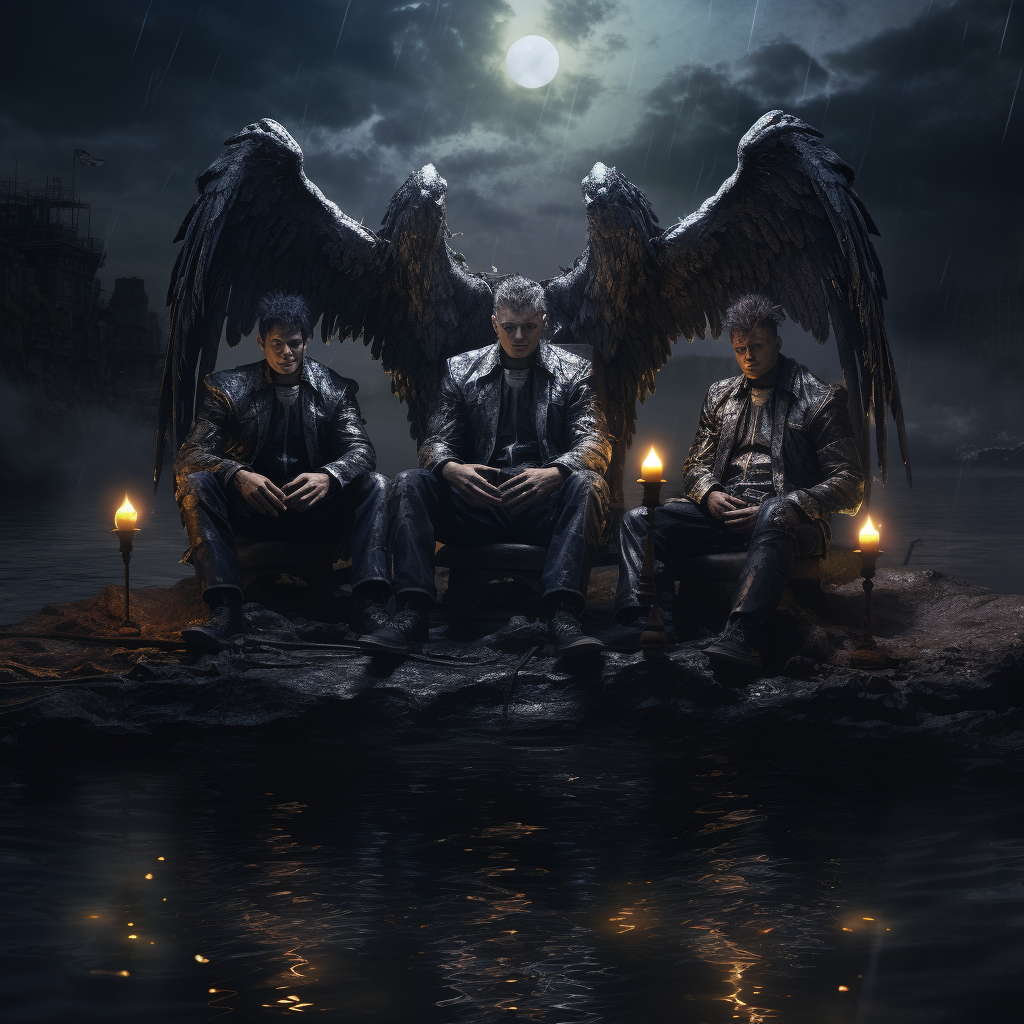 Three male fallen angels by river in moonlight