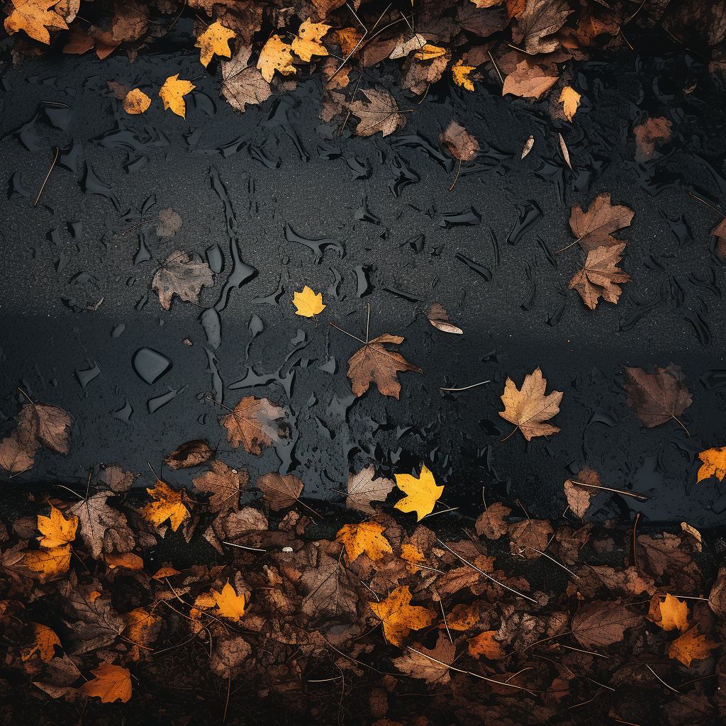 Autumn leaves covering asphalt road