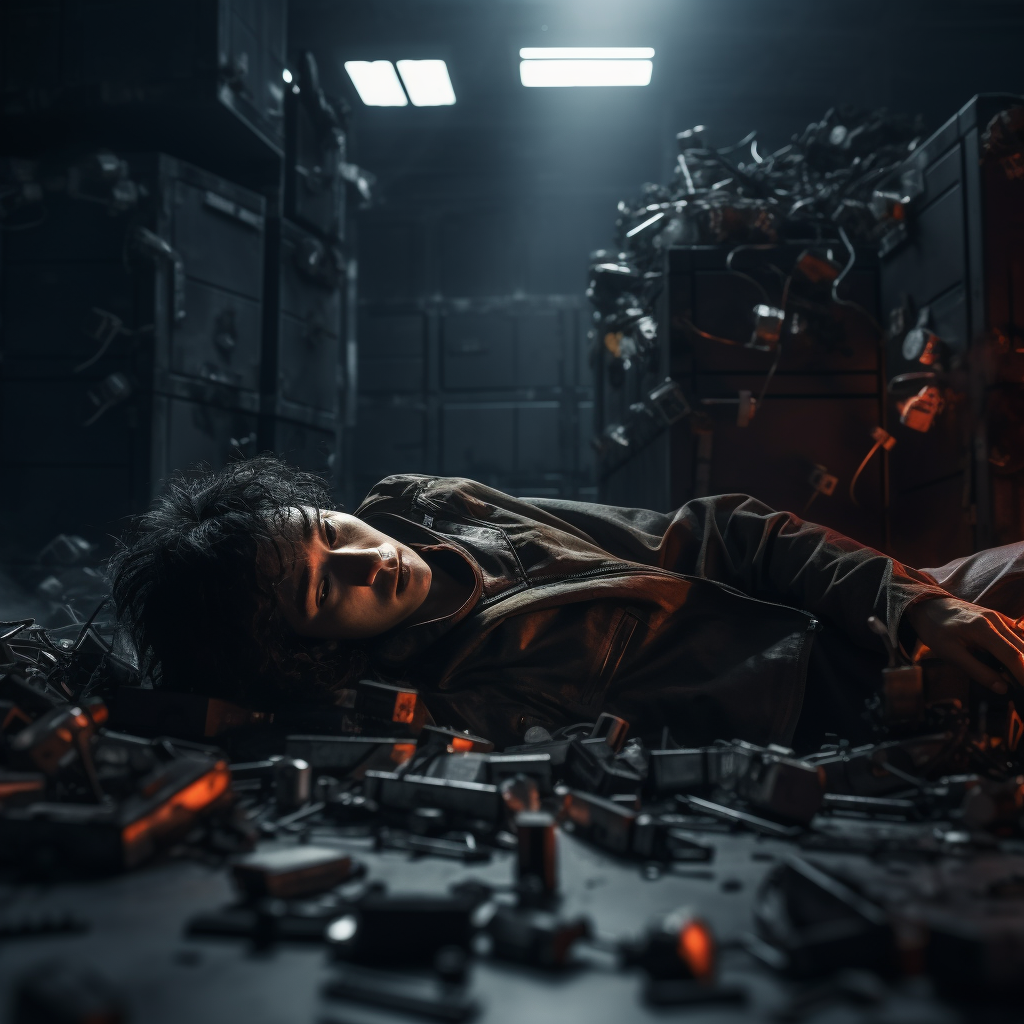 Human character lying among metallic industrial boxes