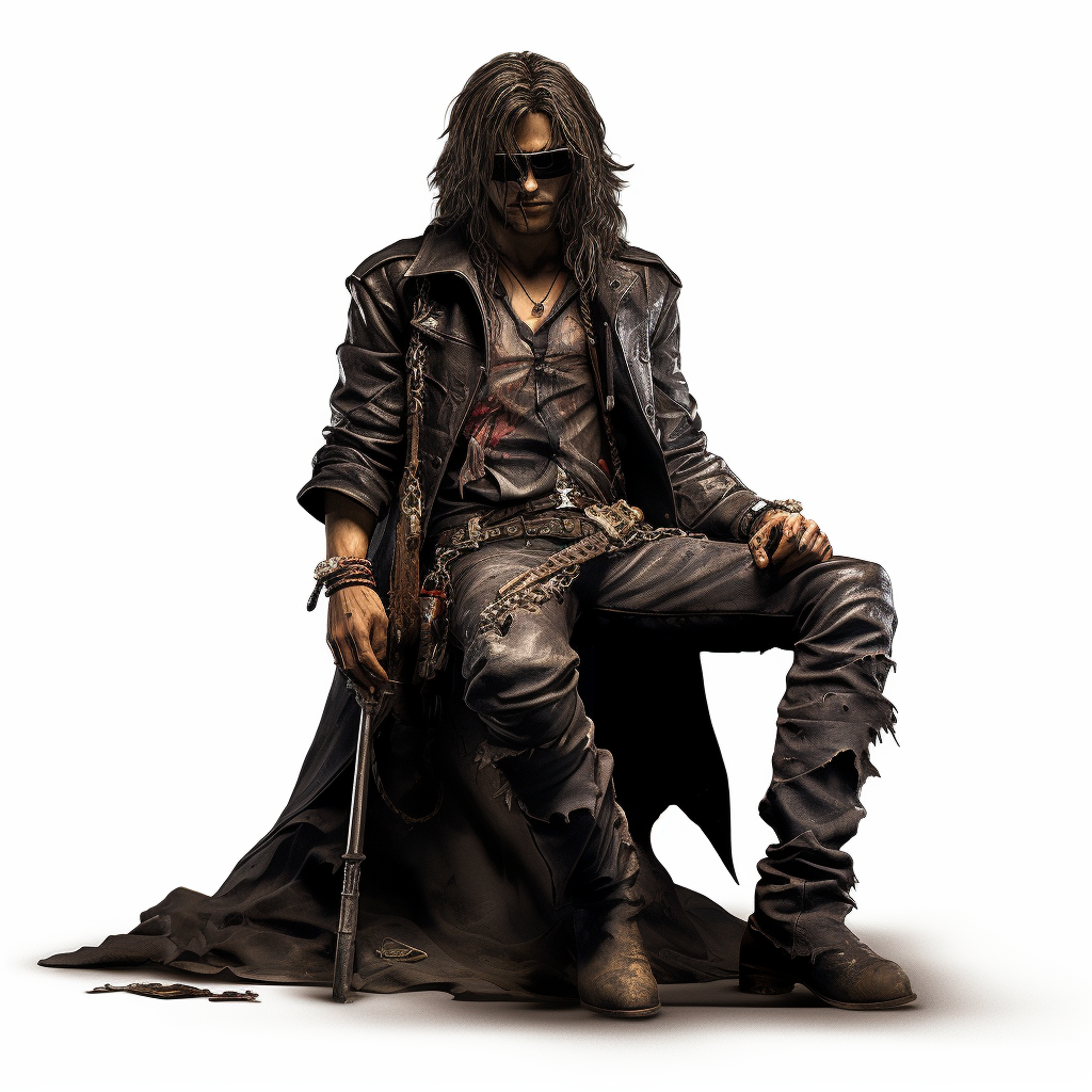 Stylish fallen rockstar with long hair and leather attire