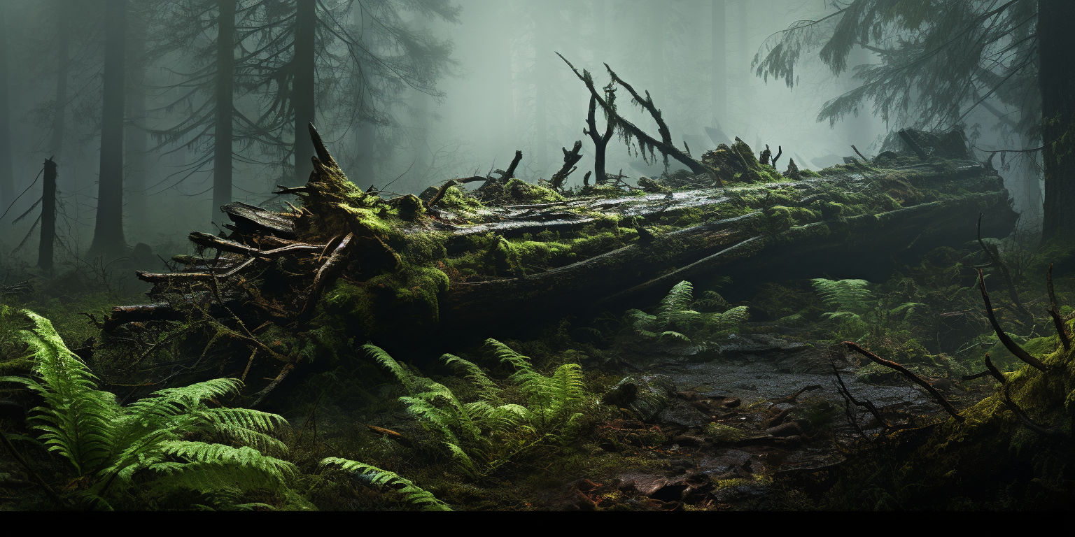 Misty forest with fallen tree and ferns