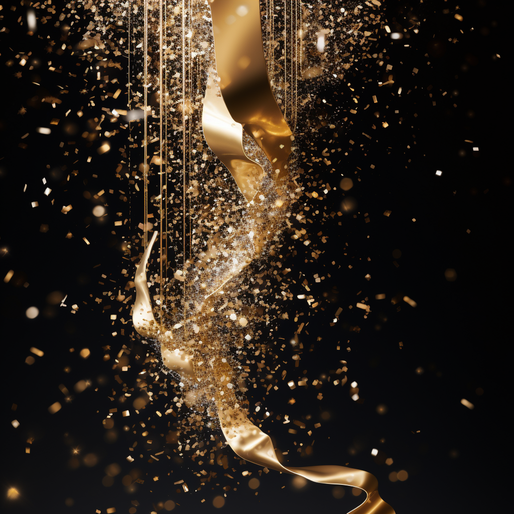 Gold streamers with snow crystal falling gracefully