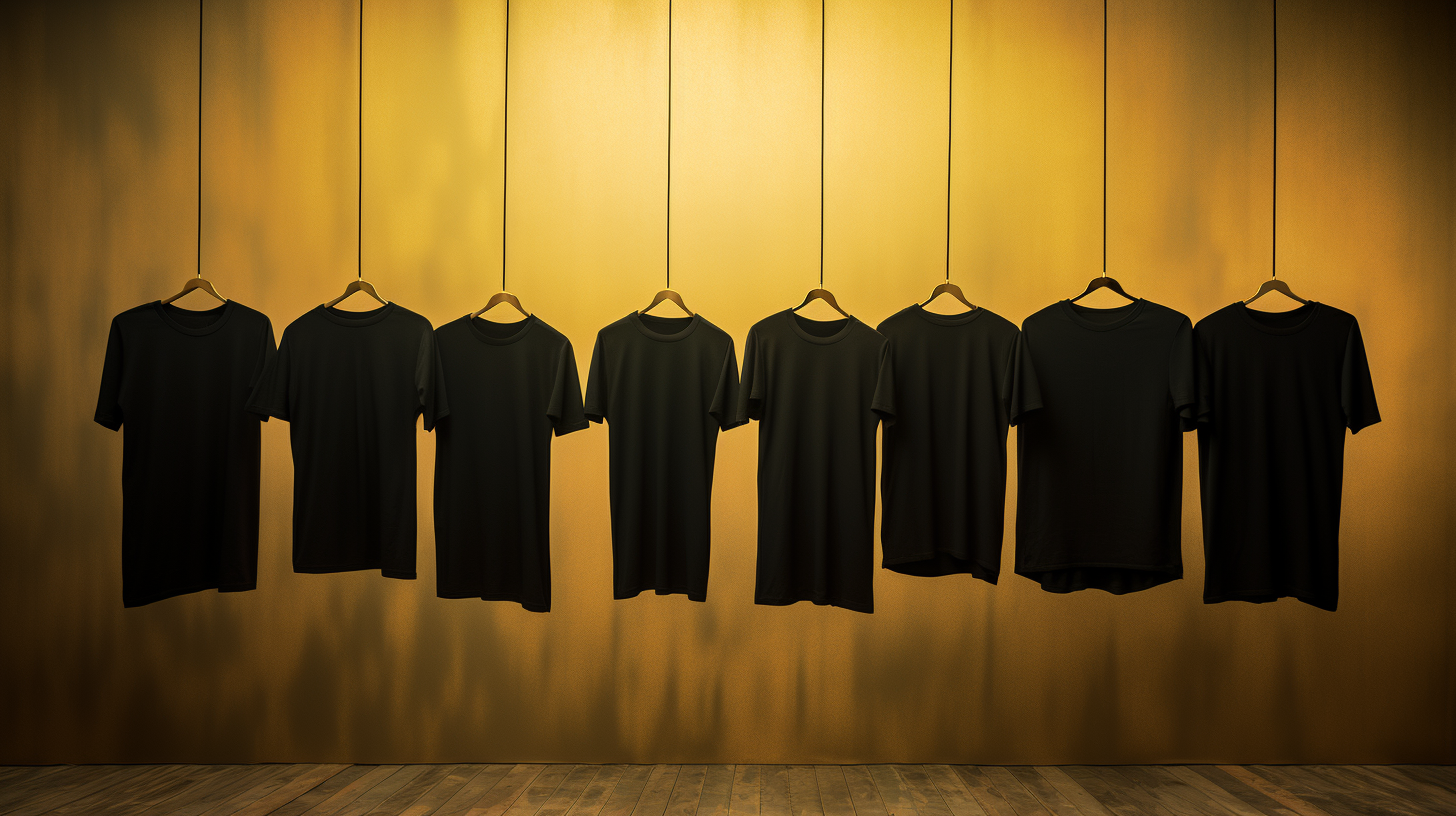 Nine falling goldish t-shirts in cinematic lighting.