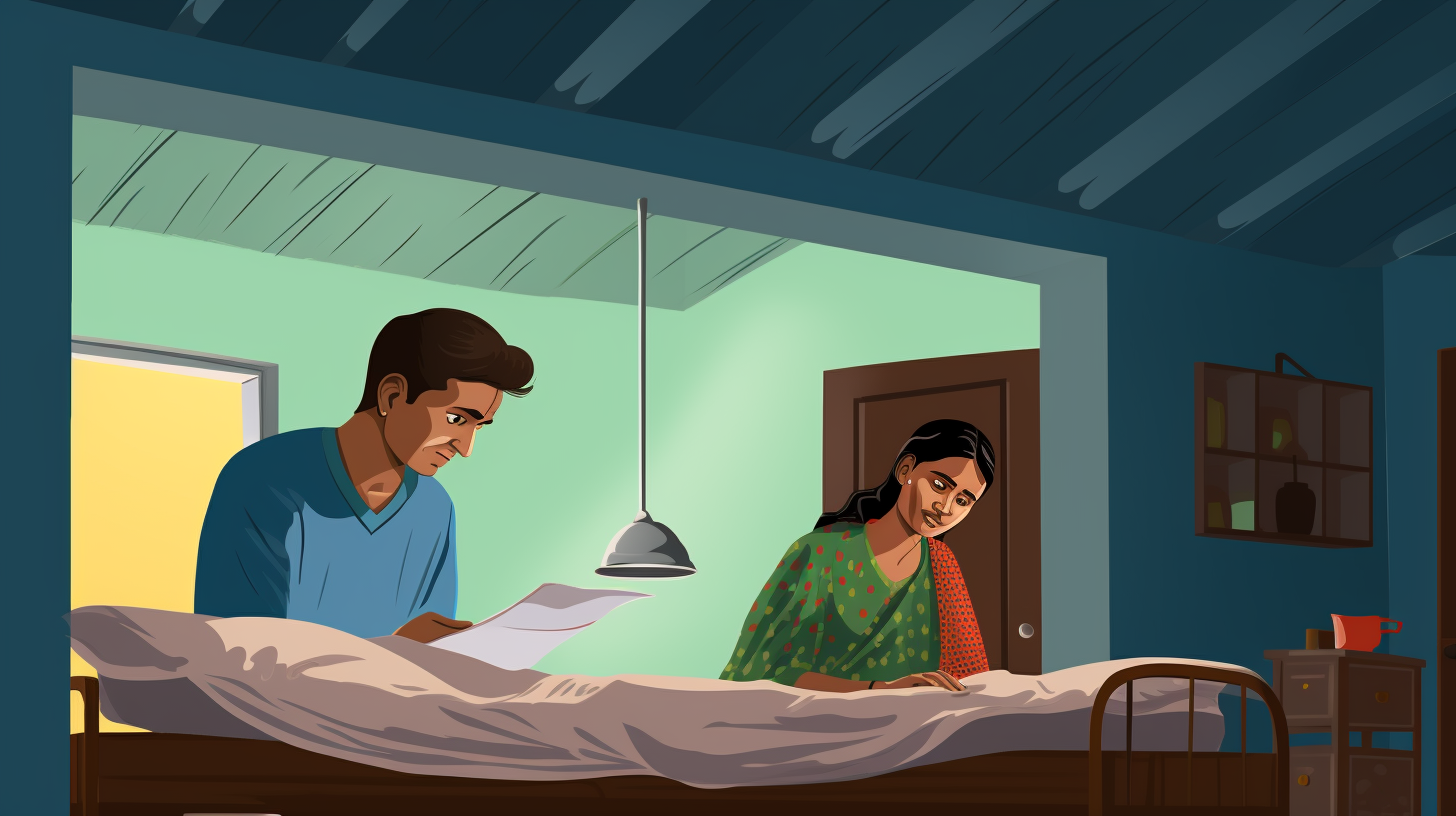 People falling ill on bed, wife, doctor in village