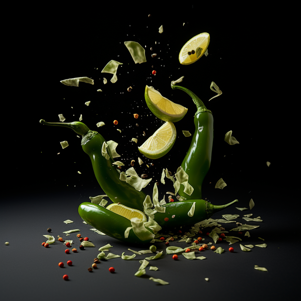 Spicy Jalapeno Slices falling on black background