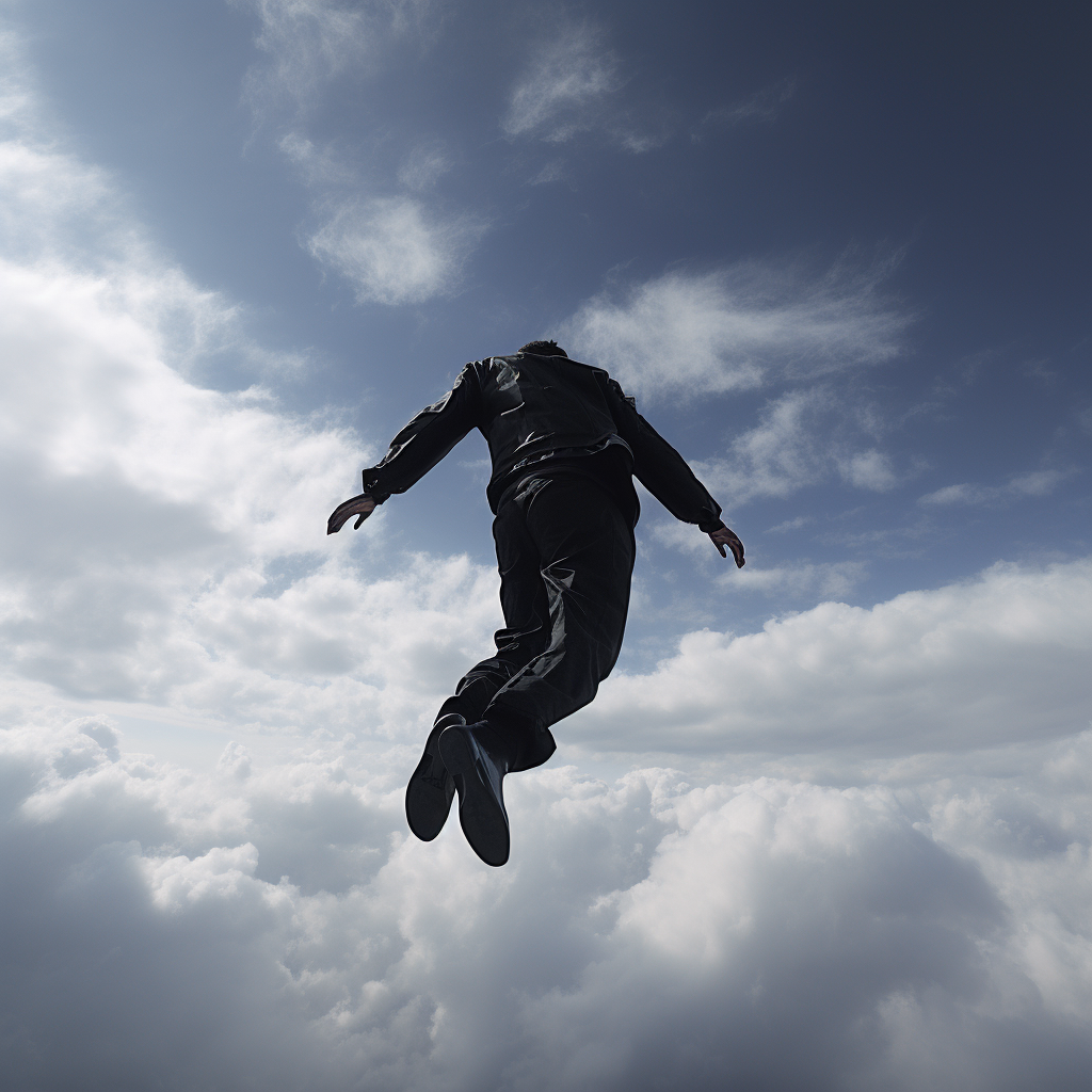 Freefalling man in black clothes against the sky