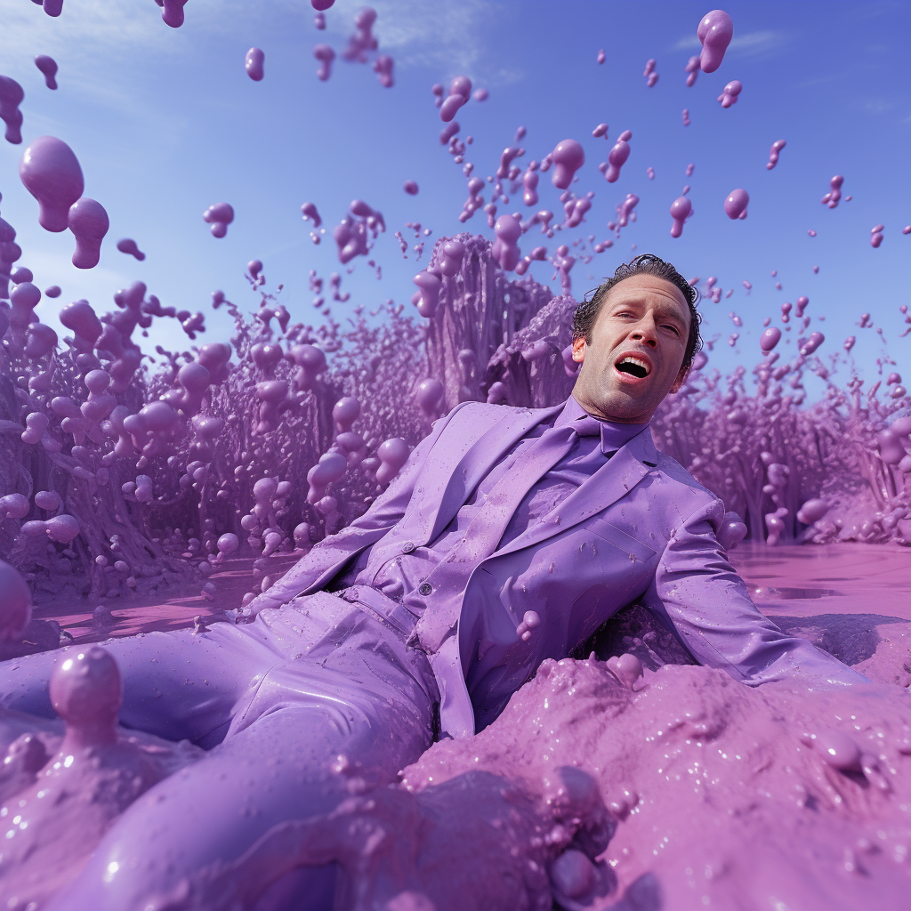 Man falling in surreal purple landscape