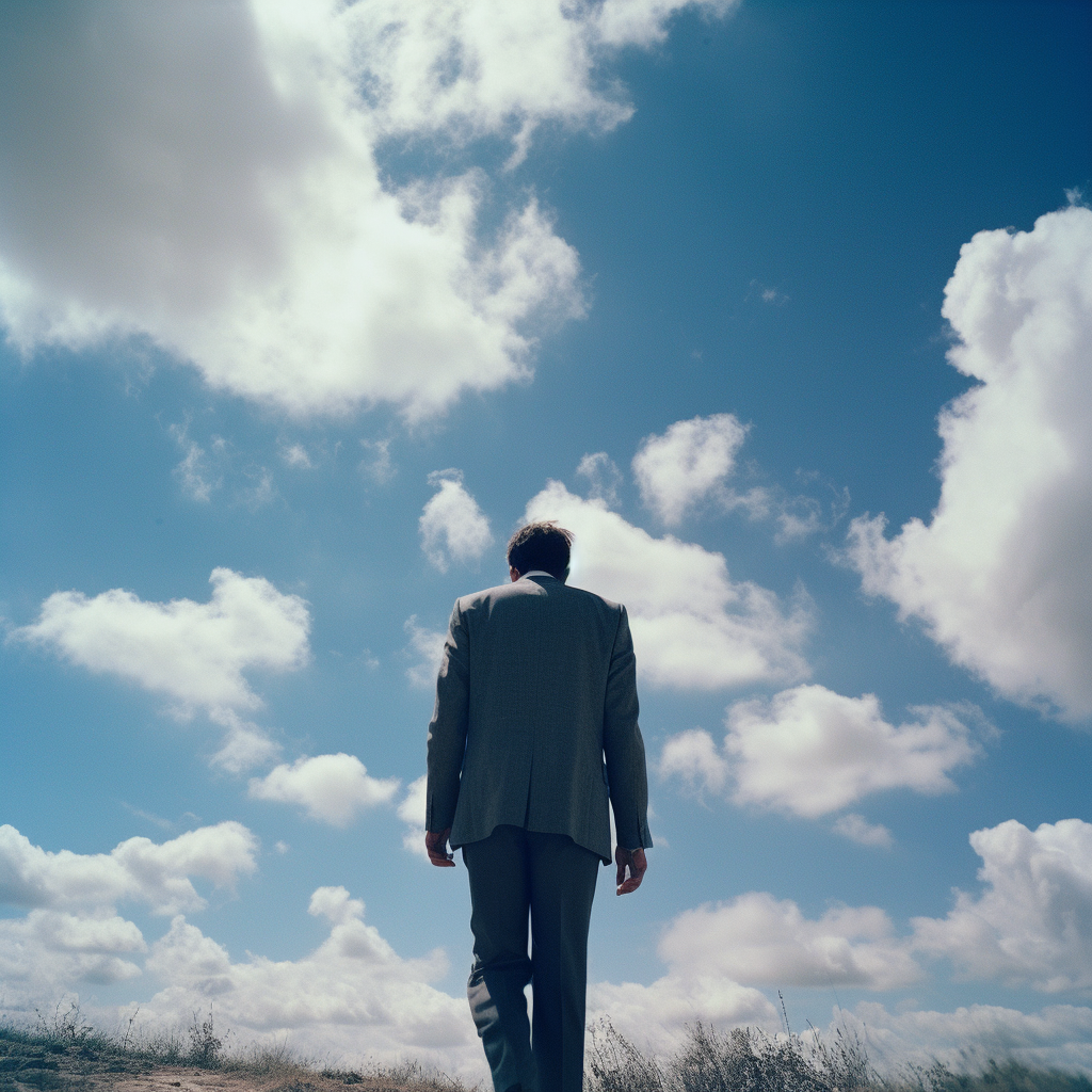 Man in suit falling through blue sky