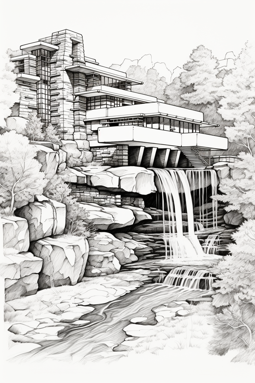 Falling Water House Line Art