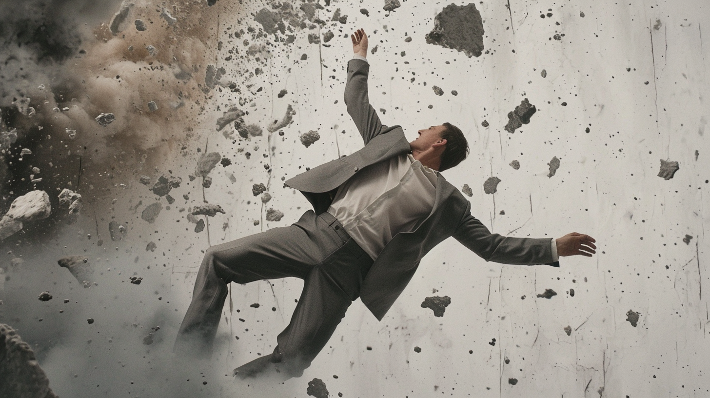 Falling man in grey suit with realistic details