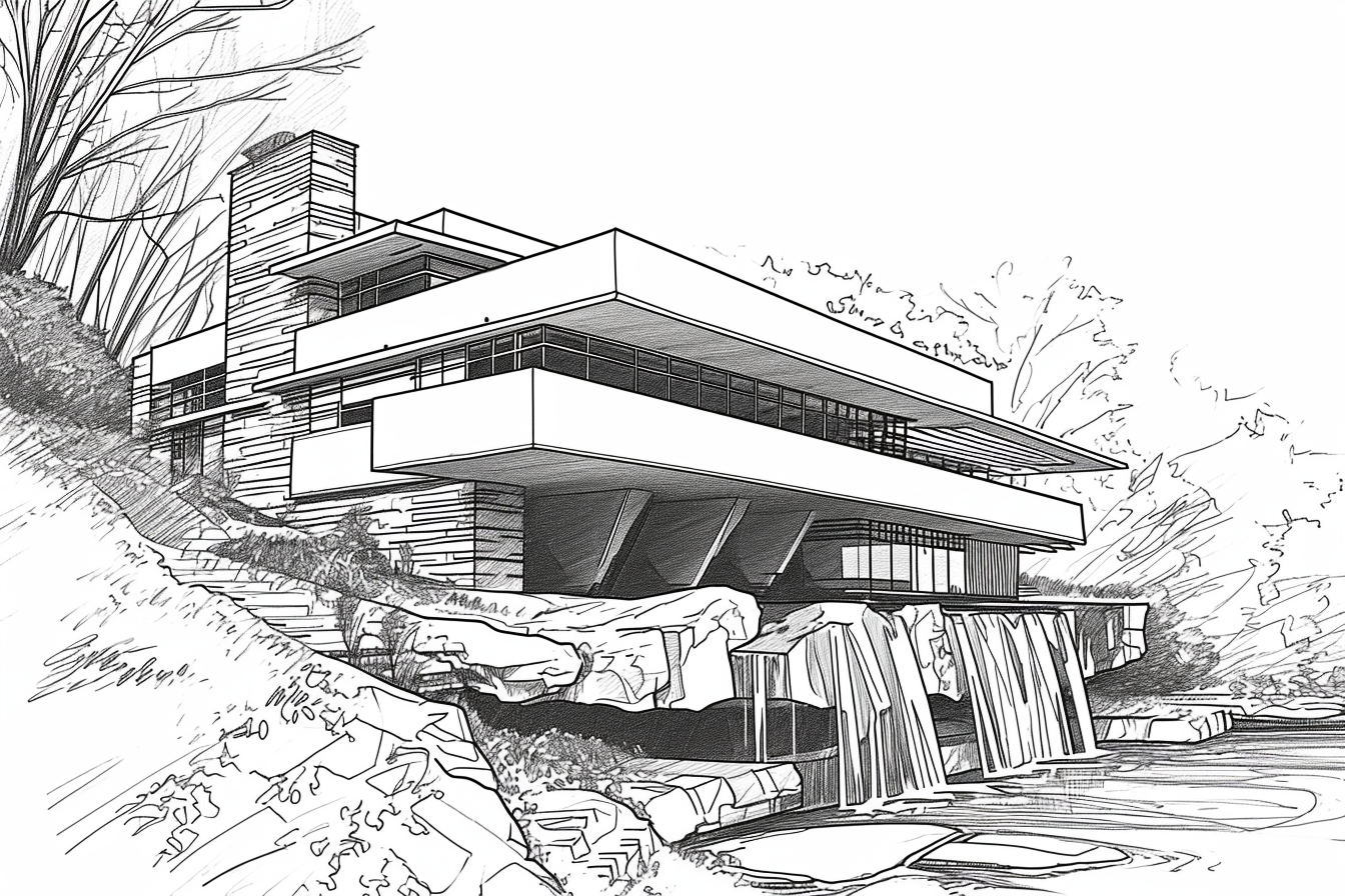 Abstract black line drawing of Fallingwater