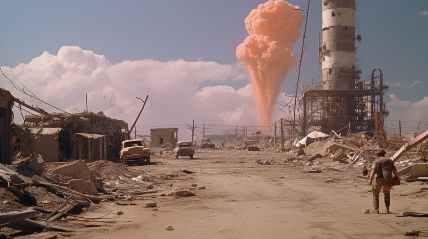 Post-apocalyptic film screenshot in vibrant technicolor