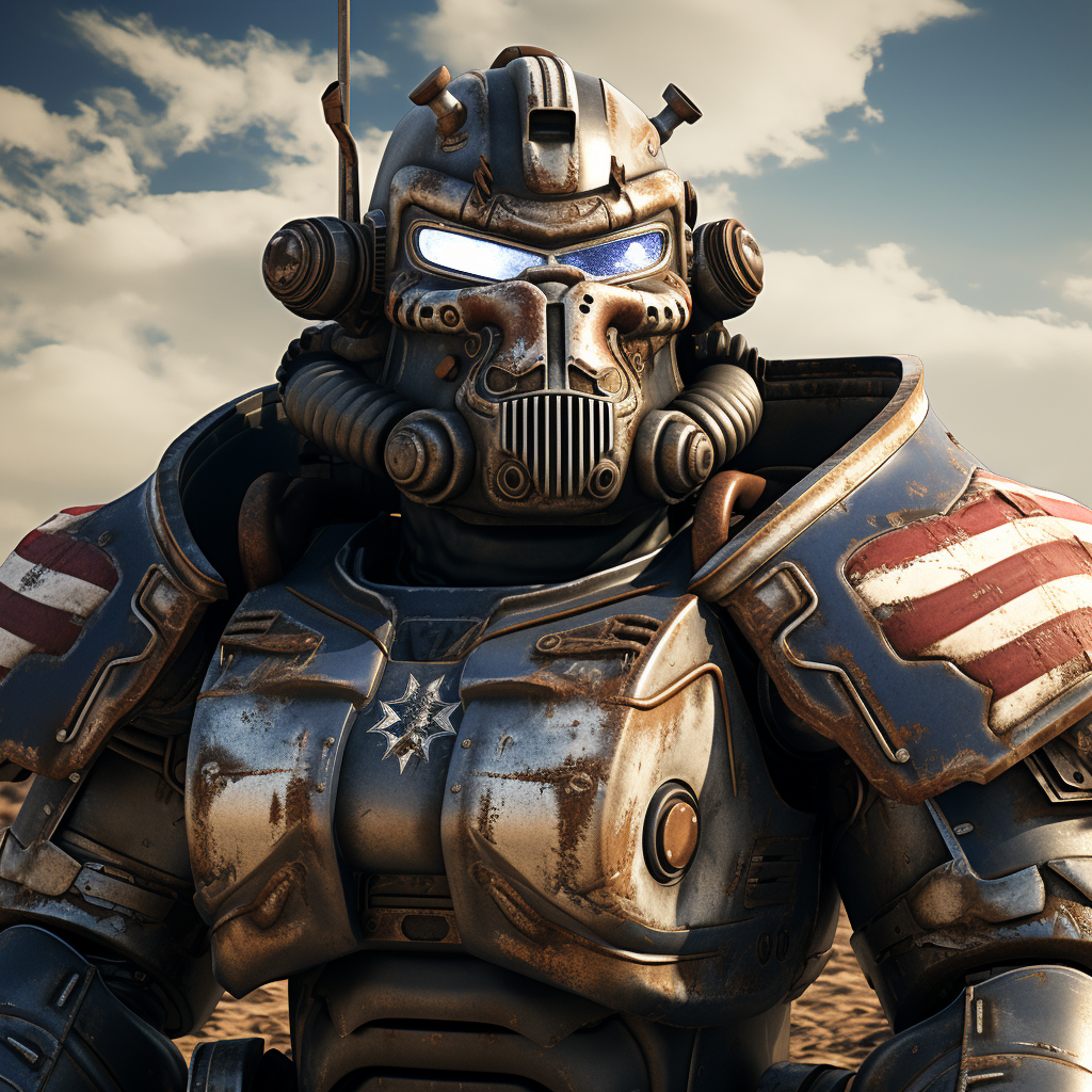 Battle-damaged T-60 power armor in US flag colors