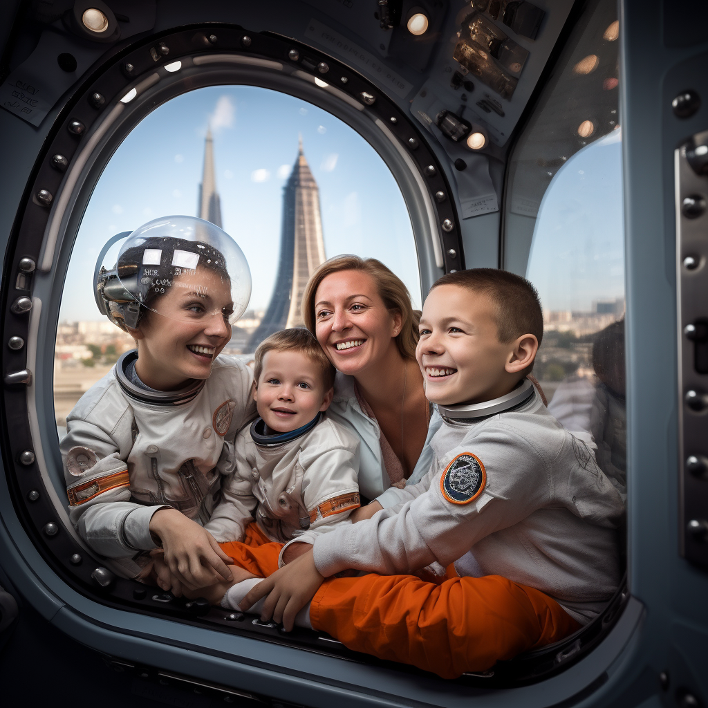 Family dressed as astronauts inside train Paris