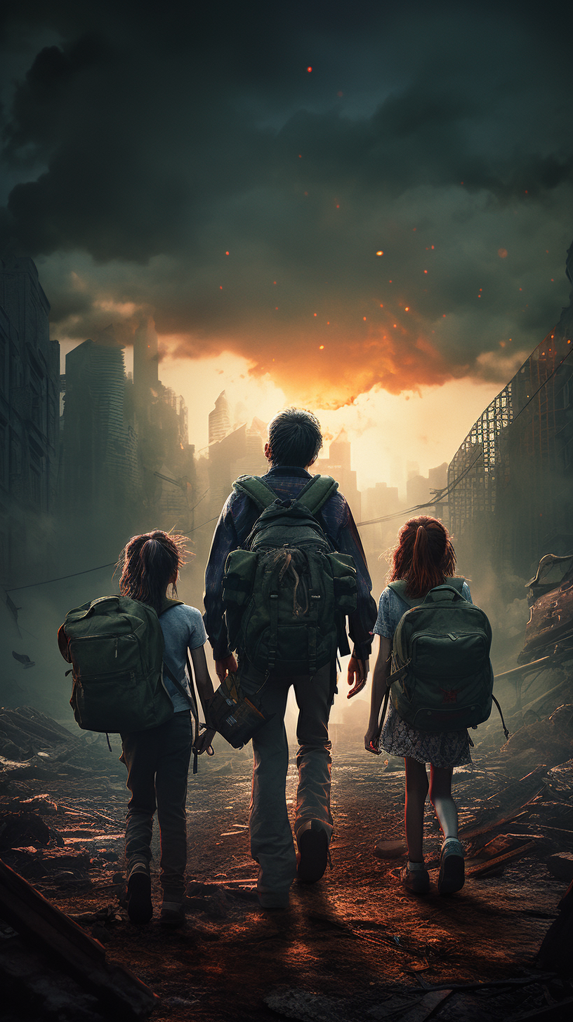 Family carrying backpacks in dystopian scene