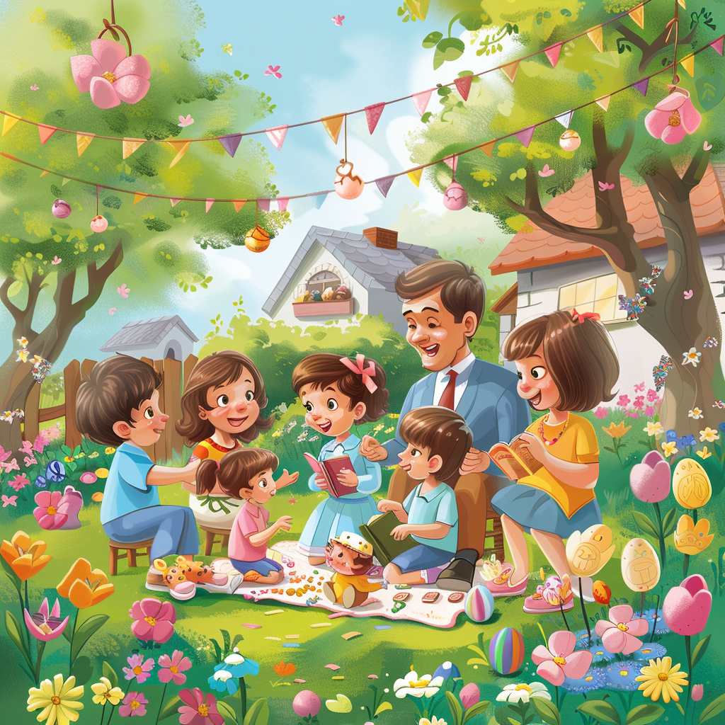 Cartoon Family Easter Storytelling Scene