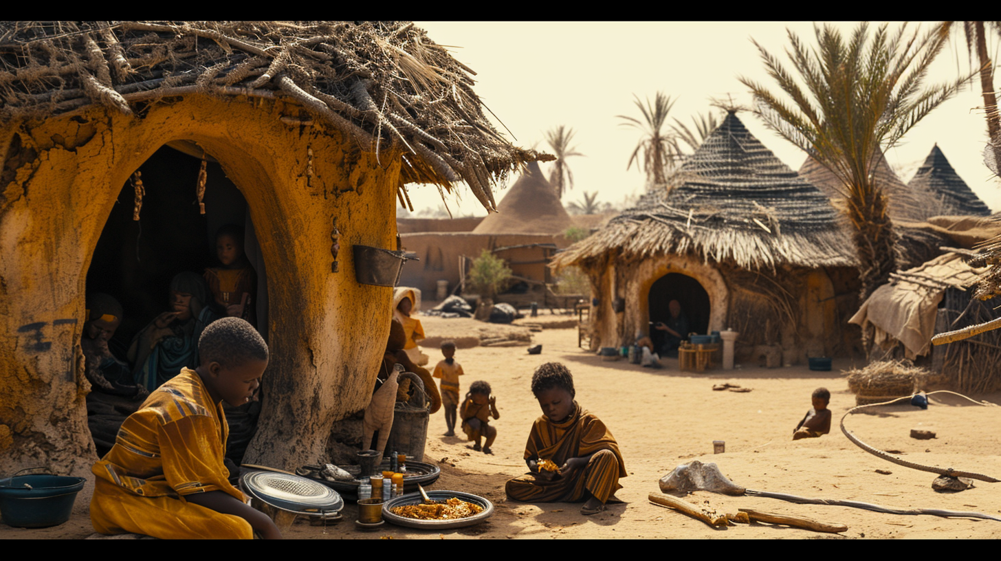 Family eating chicken in futuristic African village