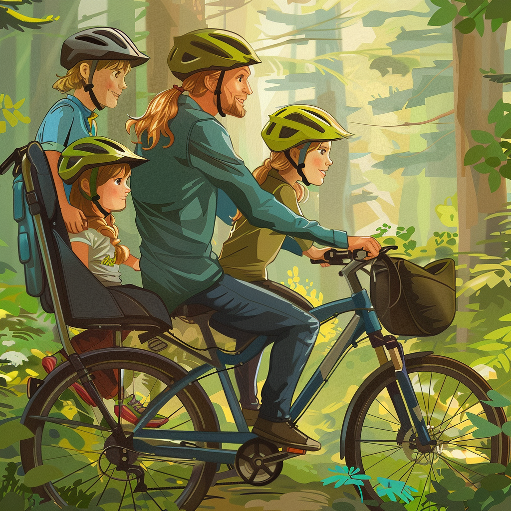 Family biking in forest