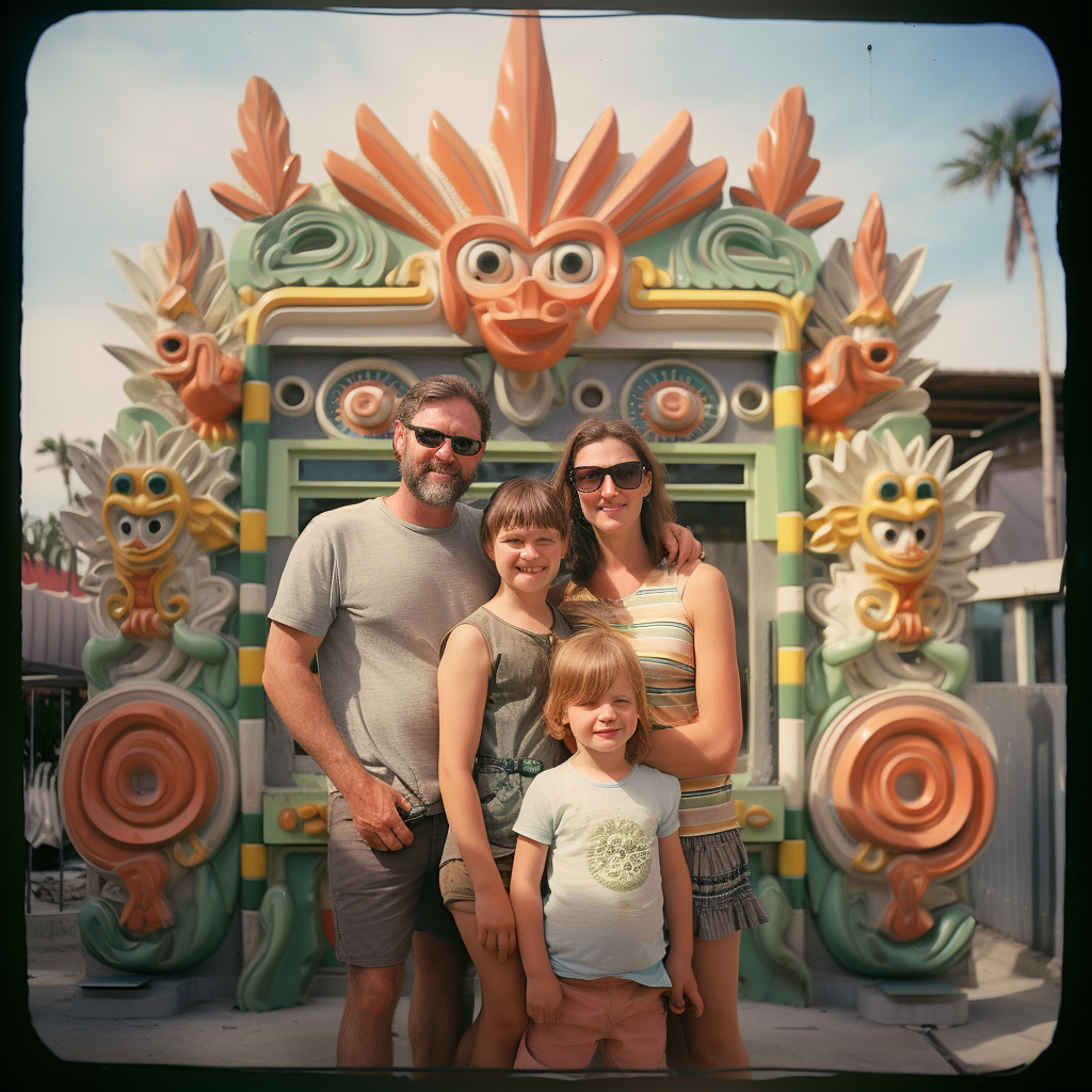 Family in front of Googie Pavilion with Tiki Ornaments