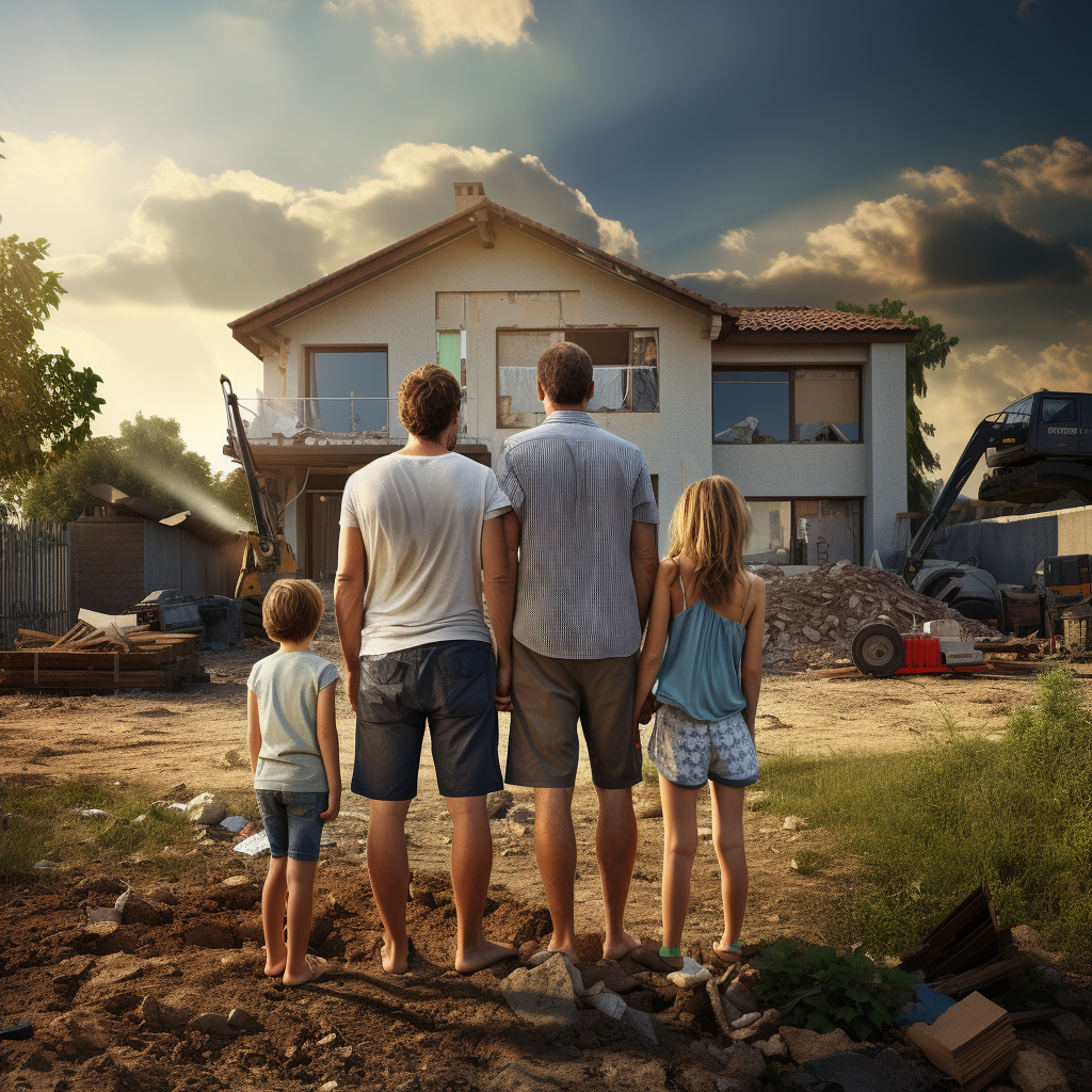 Family standing next to home, planning renovation