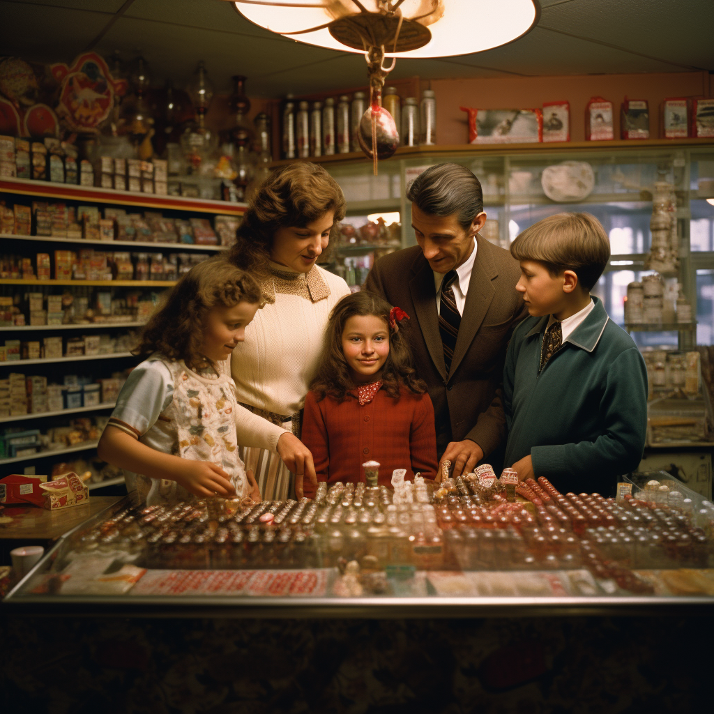 Family receiving sweets from shop owner