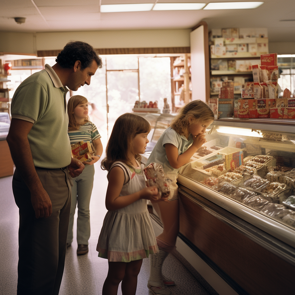 Family at 1975's Pharmacy Getting Sweets