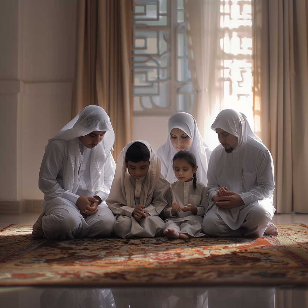 Family praying in white Islamic attire