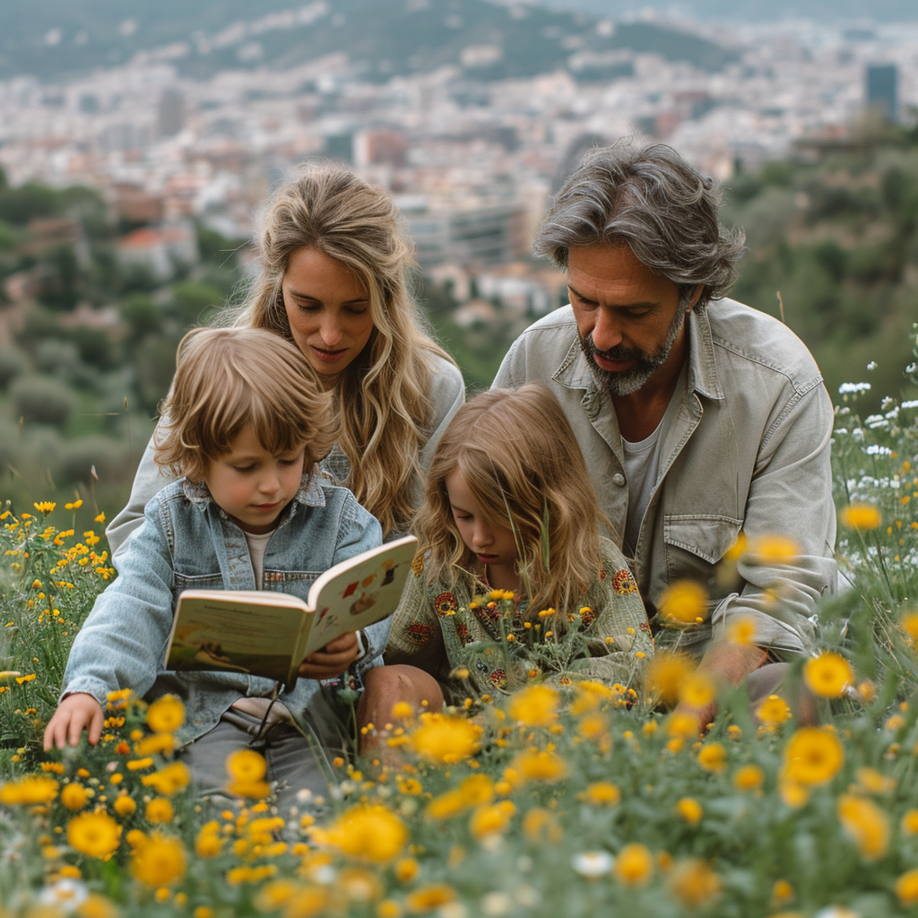 Family Reading Book Outdoors