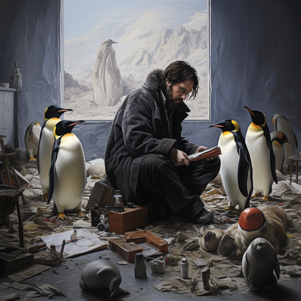 Man painting family of penguins