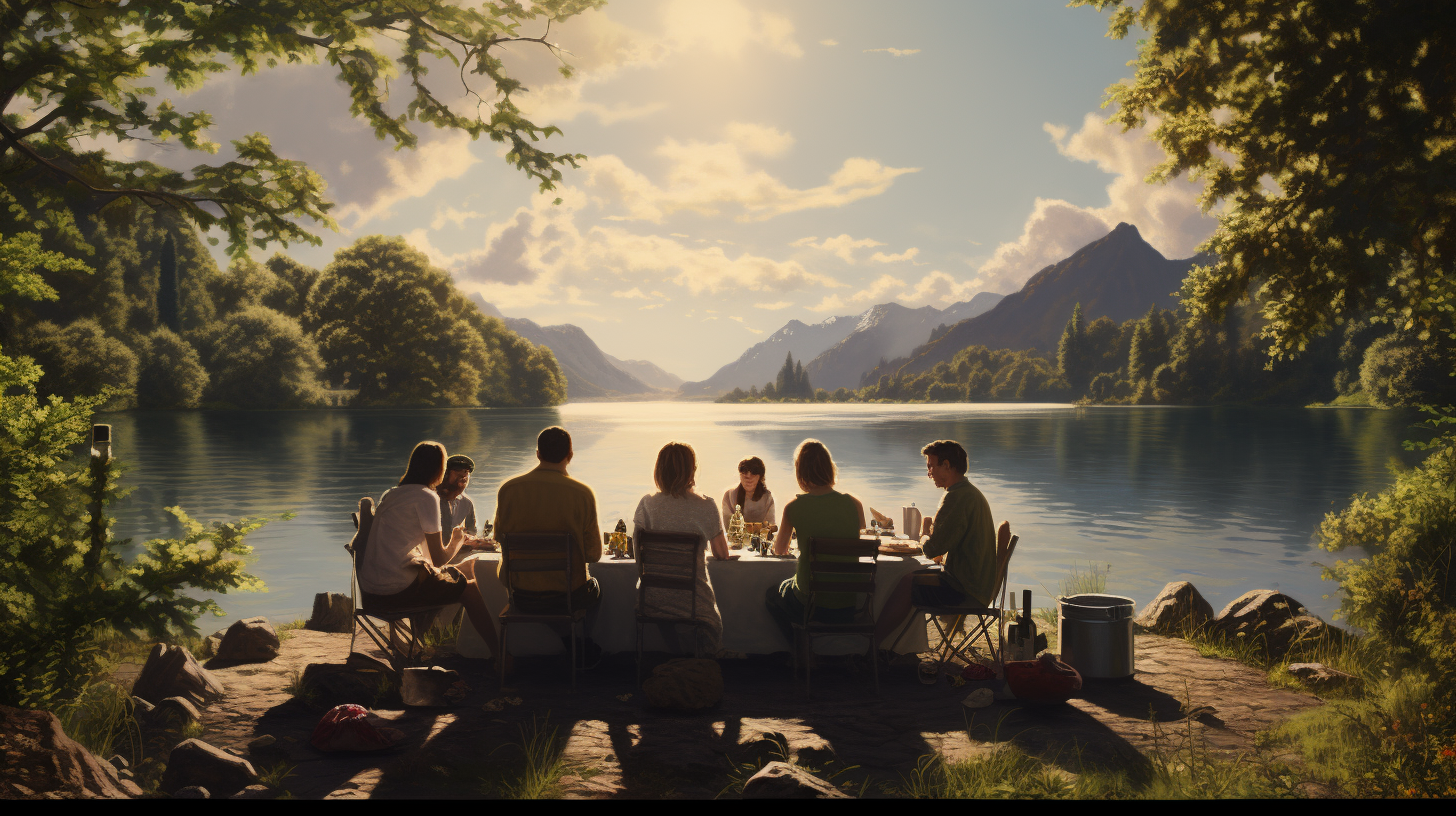 Happy family enjoying a lake-side picnic