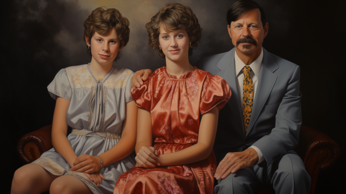 Family posing with forced smiles in '80s portrait