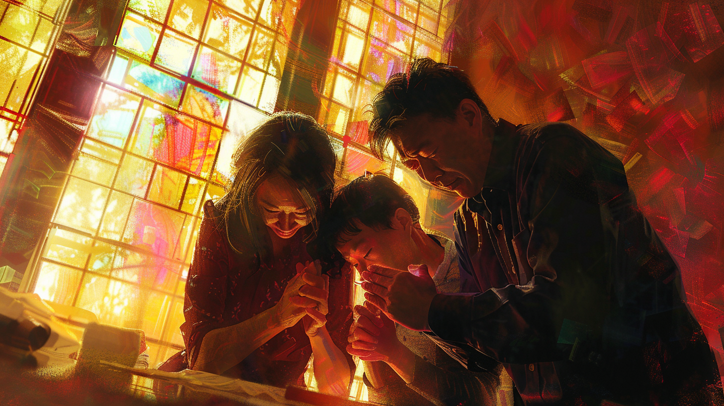 Family Praying in Diffused Lighting