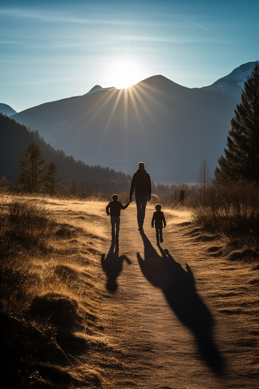 Family hiking trail with mountain in distance