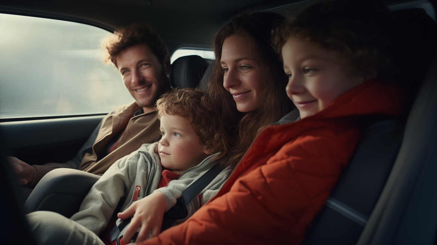 Family sitting inside car, realistic photo