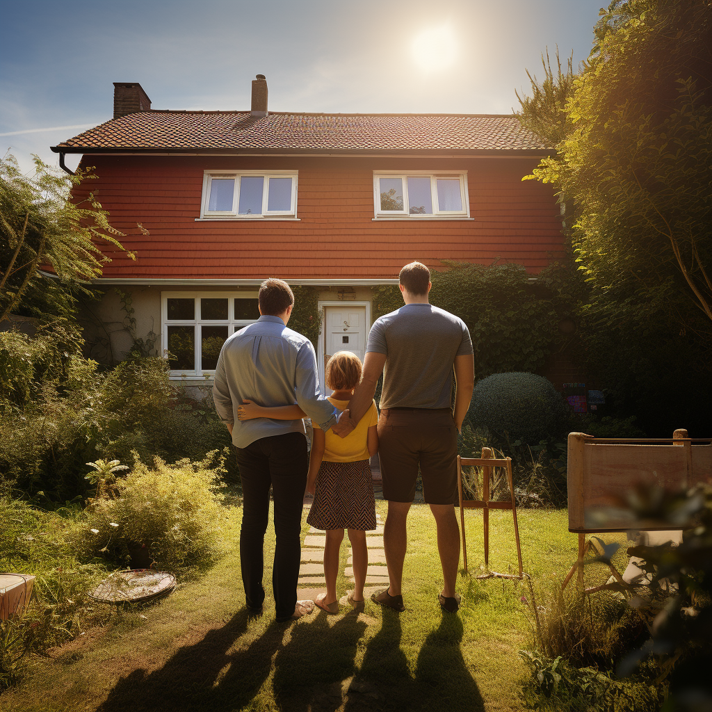 Family standing near for sale sign