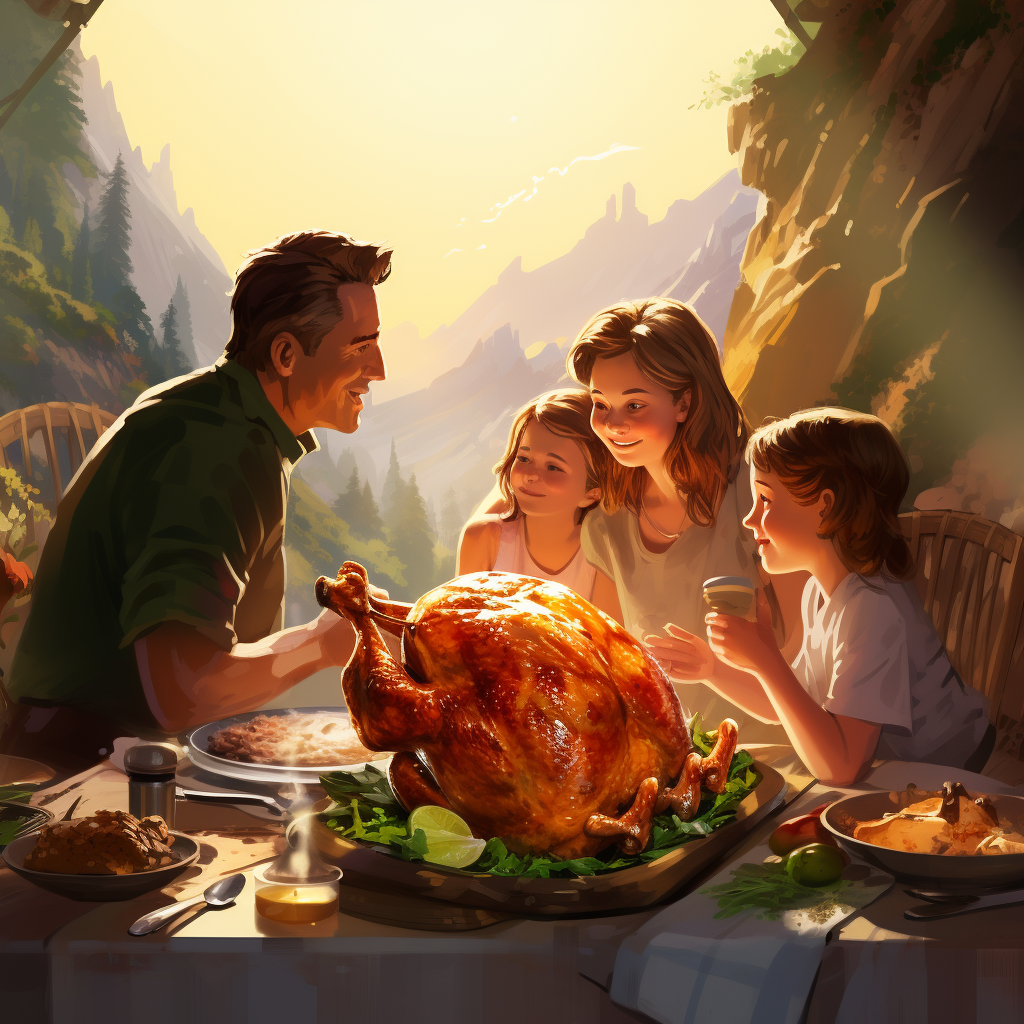 Family enjoying roast chicken on hiking trip