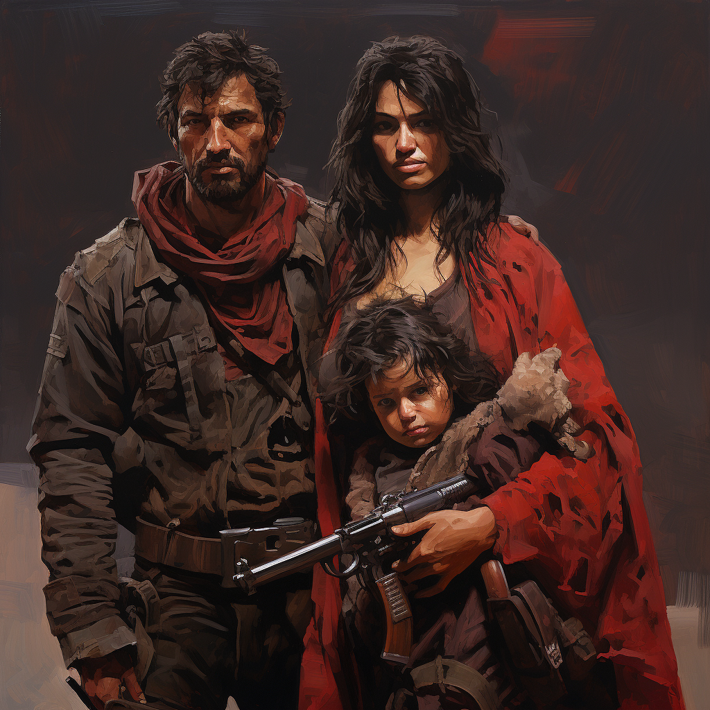 Warrior family - rugged man, woman with baby and dagger