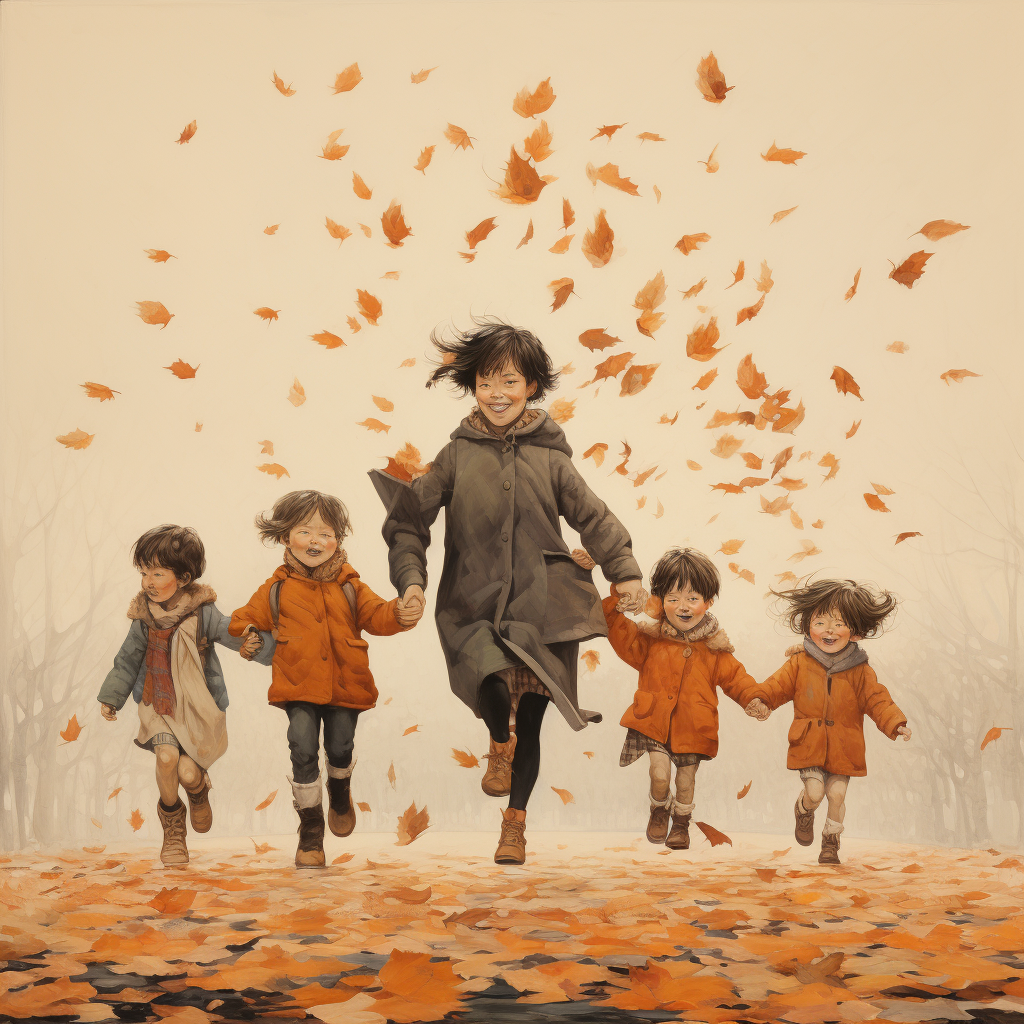 Family walking with boys amidst falling leaves